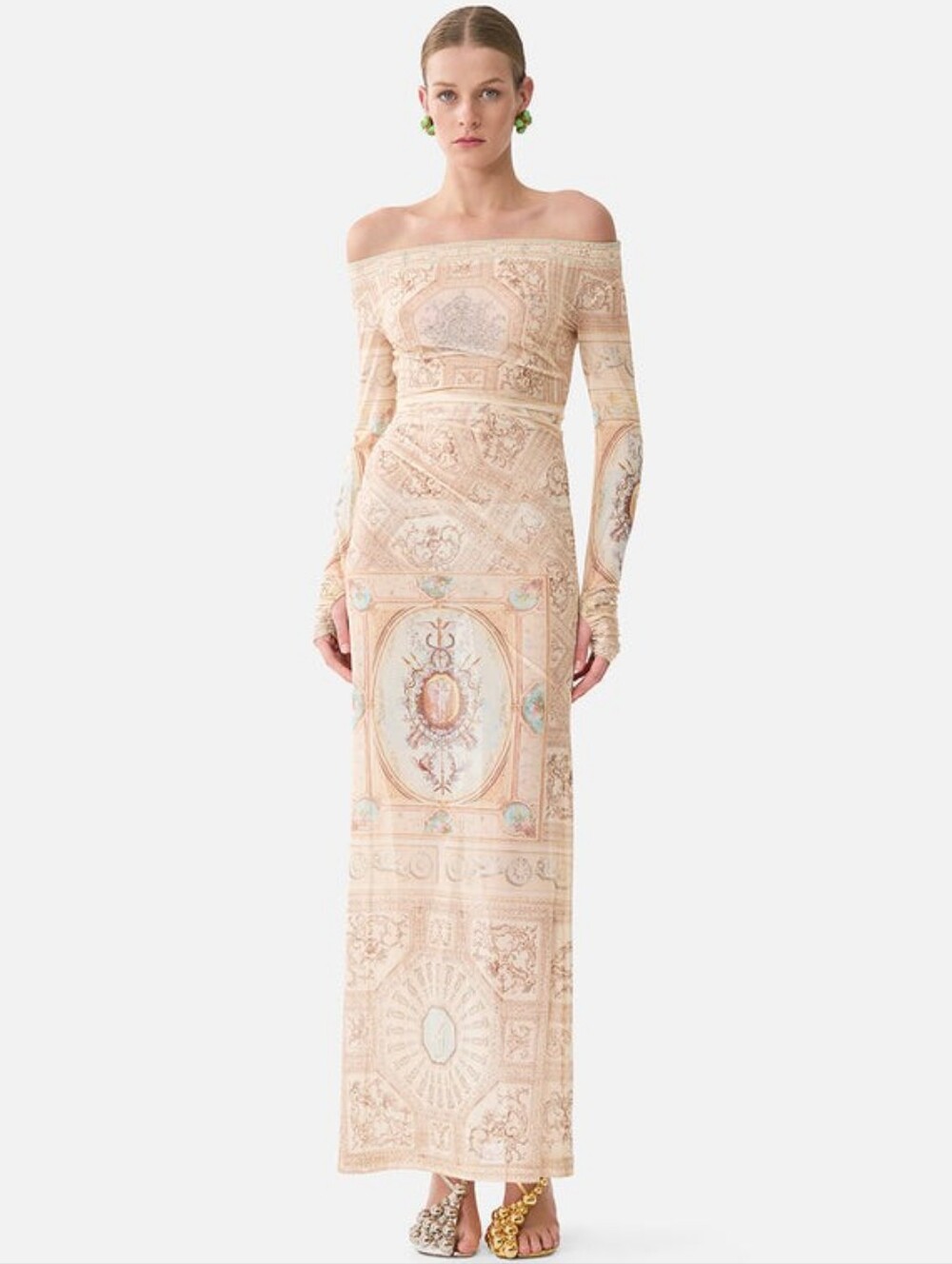 Camilla Mesh Off Shoulder Gathered Jersey Dress In A Beloved Boudoir